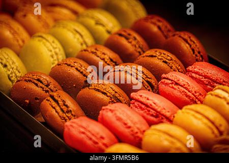 Bunte französische Macarons in Reihen angeordnet Stockfoto