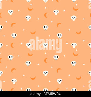 Pastellorangefarbenes nahtloses Halloween-Muster mit kawaii-Schädeln, Halbmonden und funkelnden Sternen, das traditionelle Halloween-Farben mit einem weichen Design kombiniert Stock Vektor