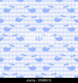 Süße pastellblaue Wale, die in einer nahtlosen Wiederholung angeordnet sind, mit weißen funkelnden Sternen auf einem hellblauen Gingham-Hintergrund, ideal für Kinderzimmer und Kinder Stock Vektor