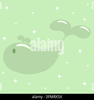Sanfte hellgrüne Wal-Illustration mit einem verspielten Wasserspritzer und weißen funkelnden Sternen auf einem weichen pastellgrünen Hintergrund Stock Vektor