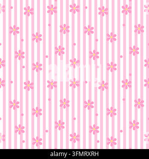 Süße rosa Gänseblümchen mit gelben Mittelpunkten und verspielten Punkten, die über rosa und weiße vertikale Streifen verstreut sind, für einen fröhlichen femininen floralen Hintergrund Stock Vektor
