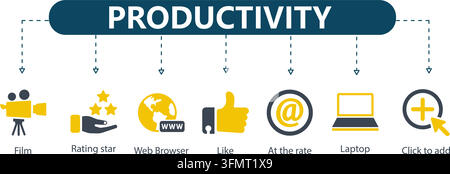 Produktivitätslinien-Ikonen-Vektor-Infografik mit sieben Umriss-Symbolen, darunter Film, Bewertungsstern, Webbrowser, Like und Laptop. Stock Vektor