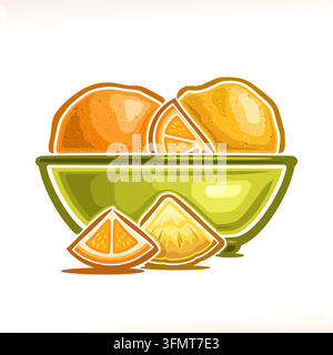 Vektor-Logo für Zitronensorbet, Orangenfrucht- und Zitronensorbet-Sphären in einer Schale, sommerliches gefrorenes Eisdessert mit Garnitur aus Zitrone und Ananas Stock Vektor