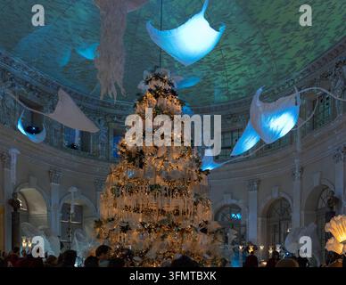 Großer beleuchteter Weihnachtsbaum mit Manta-Ray und maritimem Dekor im Inneren des Château de Vaux-le-Vicomte in Maincy, Frankreich. Stockfoto