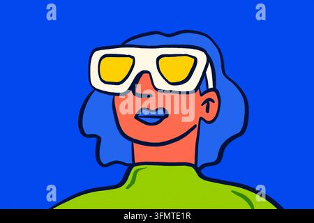 Lebendige Pop-Art-Illustration einer Frau mit überdimensionaler weißer Brille und gelben Gläsern, blauen Haaren und grüner Kleidung vor einem kräftigen kobaltblauen Hintergrund Stockfoto
