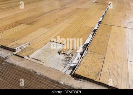 Nahaufnahme eines beschädigten Sportparkettbodens auf einem Hallenplatz für Basketball, Handball oder Futsal mit gebrochenen Holzplanken, die repariert werden müssen Stockfoto
