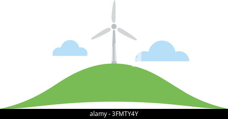 Flache Illustration einer weißen Windturbine, die auf einem hellgrünen Hügel unter zwei kleinen blauen Wolken steht Stock Vektor