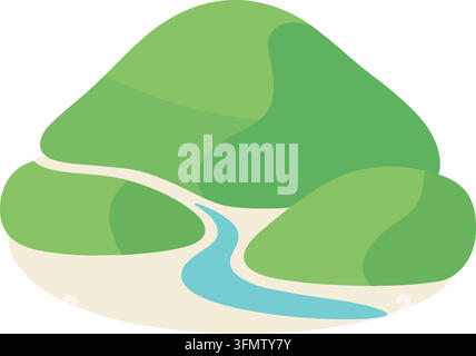 Flache Illustration einer abgerundeten grünen Insel wie ein Hügel, geteilt durch einen gewundenen blauen Bach, der in den Vordergrund fließt Stock Vektor