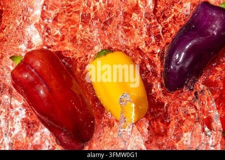 Wasser spritzt über lebendige Minibellpeper, Nahaufnahme von oben Stockfoto