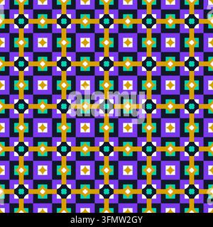 Nahtloses geometrisches Muster mit lila und marineblauen Schachbrettquadraten, goldenen Gitterlinien und türkisfarbenen und weißen Formmotiven. Stockfoto