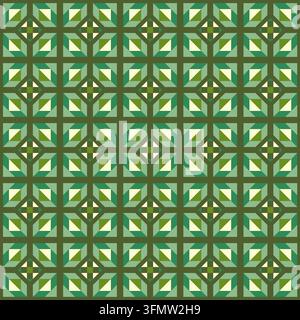 Nahtloses geometrisches Muster aus grünen und cremefarbenen Diamant- und quadratischen Motiven, die in einem strukturierten wiederholten Raster auf einem dunklen olivfarbenen Hintergrund angeordnet sind. Stockfoto