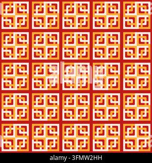 Nahtloses geometrisches Muster aus wiederholten quadratischen Fliesen mit ineinandergreifenden labyrinthartigen Linien in Creme, Gelb, Orange und Rot. Stockfoto
