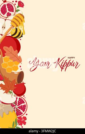 Festliche Jom-Kippur-Illustration mit "Frohes Jom Kippur"-Text in roter Kursivschrift, mit Äpfeln, Granatäpfeln, Honig, Biene, Honigwabe, Schofar und Herbst l Stockfoto