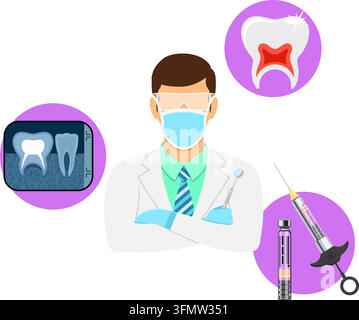 Medizinische quadratische Banner Arzt Zahnarzt mit flachen Icons Spritze, Stomatologie Röntgen, Zahn und Zahnspangen. Vektorabbildung Stock Vektor