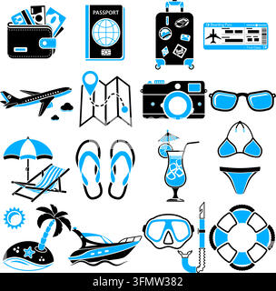 Urlaub und Tourismus zweifarbige Symbolsammlung mit Tickets, Boot, Cocktail, Insel und Liegestuhl. Isolierte Vektorillustration Stock Vektor