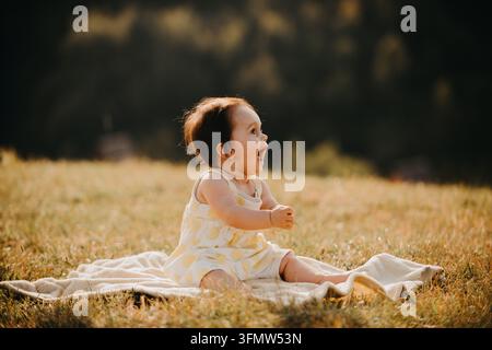 Fröhliches Baby, das auf einer Decke in einem sonnigen Feld sitzt, lacht und draußen mit einem Elternteil spielt Stockfoto