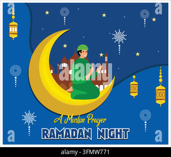 Muslim in traditioneller Kleidung, der in einer Ramadan-Nacht auf einem Halbmond betet, umgeben von Sternen, Laternen und der Silhouette einer Moschee. Flacher Vektor Stock Vektor
