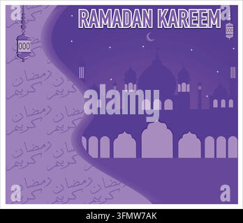 Ein wunderschönes lila Design, das Ramadan Kareem feiert, mit Laternen, einer Moschee-Silhouette und Kalligrafie. Flache Vektor-Moderne Illustration Stock Vektor