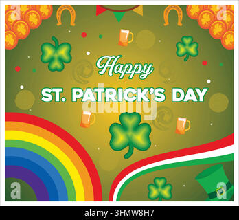 Festlicher St. Patrick's Day mit Kleeblättern, Regenbögen und Bierkrügen, der den fröhlichen Geist und die Tradition des irischen Feiertags einfängt. Flacher Vektor Stock Vektor