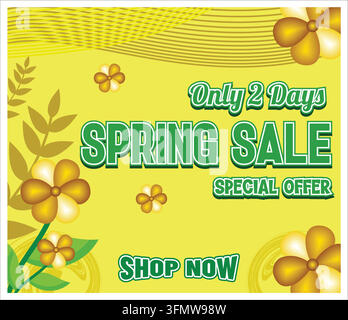 Frühlingsangebots-Banner mit gelben und grünen Blumenelementen. Ideal für die Werbung für Sonderangebote und zeitlich begrenzte Rabatte. Auffälliges Design enco Stock Vektor