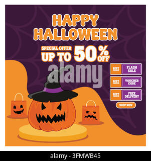 Festliches Halloween-Rabattplakat mit einem gruseligen Kürbis und Sonderangeboten bis zu 50 % Rabatt. Ideal für die Werbung von Blitzverkäufen mit kostenlosem Versand und Gutschei Stock Vektor