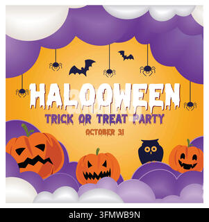 Halloween-Plakat mit Kürbissen, Fledermäusen und Wolken vor einem orangefarbenen Hintergrund. Ideal für festliche Party-Einladungen. Flacher Vektor in moderner Illustration Stock Vektor