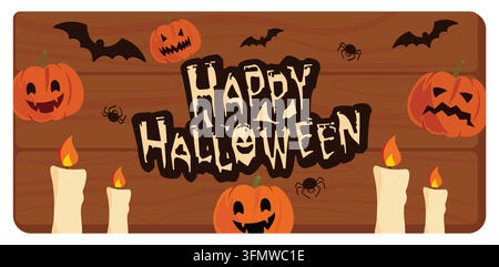Halloween zeigt geschnitzte Kürbisse, fliegende Fledermäuse und leuchtende Kerzen vor einem Holzhintergrund. Das verspielte und gruselige Design fängt das Festi Stock Vektor
