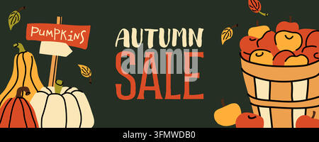 Herbst-Sale-Banner mit Korb voller Äpfel und Kürbisse handgezeichneter Vektor Stock Vektor