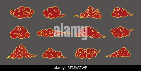 Japanisches und koreanisches asiatisches Wolkenhimmel-Symbol im traditionellen Stil, Vektorillustrationsset. Stock Vektor