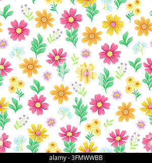 Helles florales Vektor-Muster ohne Naht, farbenfrohe blühende große stilisierte Blumen und Blätter auf weißem Hintergrund Stock Vektor