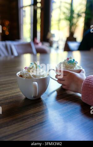 Zwei heiße Schokoladen mit Schlagsahne und Marshmallows in einem gemütlichen Café Stockfoto