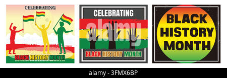 Menschen, die Flaggen halten. Drei Hände. Text zum Feiern des Black History Month. Flaches, modernes Vektor-Illustrations-Set Stock Vektor