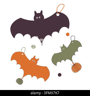 Farbige Papierfledermäuse mit kleinen Kürbissen und Konfetti für Halloween-Bastelarbeiten und Dekoration Stock Vektor
