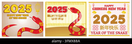 Festliches Design zum Neujahr 2025. Mit einem roten Schlangendesign. Festliches Grußkartendesign zum chinesischen Neujahr 2025. Set fl Stock Vektor