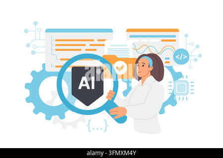 Frau untersucht künstliche Intelligenz-Kodiersteuerung mit Lupe, Software-Dashboard, Chip, Zahnrädern und Codesymbolen für Automatisierung, Programmierung, Analyse isoliert auf weißer Vektorillustration Stock Vektor