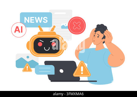 Besorgter Mann, der einen Laptop mit Chatbot, Falschnachrichten-Alarmen, Fehler-Symbolen und Mediensymbolen verwendet, die Fehlinformationen, KI-Nachrichtenwarnungen und digitales Risiko zeigen, isoliert auf weißem Hintergrund Vektorillustration Stock Vektor