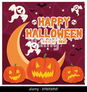 Halloween mit leuchtenden Kürbissen, verspielten Geistern und Fledermäusen. Perfekt für eine fröhliche Halloween-Grüße oder festliche Dekoration. Flacher Vektor modern il Stock Vektor