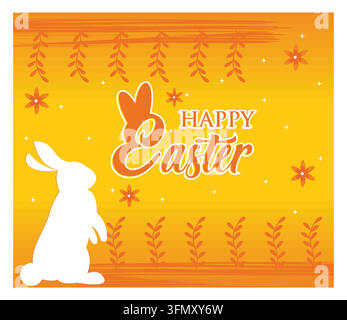 Feiern Sie Ostern mit einem Dekostück mit einer weißen Hasen-Silhouette und festlichen Blumen auf einem hellen gelben Hintergrund. Flache Vektor-Modillu Stock Vektor