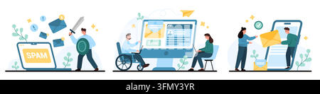 Monochromes E-Mail-Set, das Spam-Filterung, Nachrichtensenden und mobile Kommunikationsszenen mit Menschen, Umschlägen, Laptop- und Smartphone-Symbolen isoliert auf weißem Hintergrund zeigt, Vektorillustration Stock Vektor
