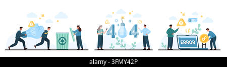 Satz von flachen Szenen, die technische Probleme, Fehlerwarnungen, 404-Seite und Fehlerbehebung mit Personen, Laptop, Papierkorb und Symbolen auf weißem Hintergrund zeigen, Vektorillustration Stock Vektor