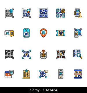 Sammlung von 20 minimalen QR-Code-Linienikonen im Umrissstil. Bearbeitbarer Strich-Vektor-Ikonensatz mit QR-Code, QR-Code scannen, Smartphone-QR, URL, Wi- Stock Vektor
