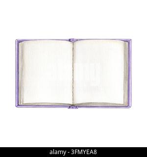 Offenes lila Aquarell-Notizbuch mit leeren cremefarbenen Seiten, handgemalte Illustration isoliert auf Weiß. Ideal für Tagebuchführung, Schreibwaren, Scrapbooking Stockfoto