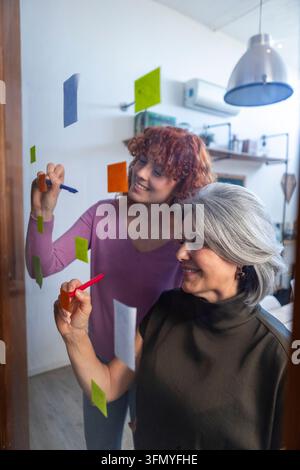 Junge Erwachsene und Seniorin arbeiten gemeinsam an Geschäftsideen und schreiben bunte Haftnotizen an eine Glaswand in einem hellen, informellen Büroarbeitsplatz. Stockfoto