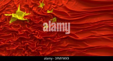 Nahaufnahme der chinesischen Flagge mit fünf goldenen Sternen auf wehendem rotem Stoff, symbolisch für nationale Identität, Patriotismus, internationale Beziehungen und Go Stockfoto
