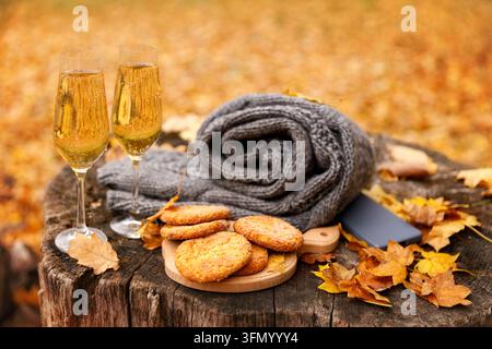 Zwei Gläser mit Sekt oder Champagner, Kekse auf einem Holzbrett, grauer Strick Schal und Smartphone auf einem Baumstumpf Stockfoto