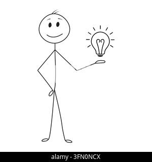 Minimale Schwarz-Weiß-Stabfigur präsentiert eine leuchtende Glühbirne. Einfache handgezeichnete Linienillustration, die Kreativität und Innovation repräsentiert Stock Vektor