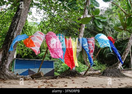 Hellfarbene Batik-Sarongs zum Verkauf wehen im Wind an einer Leine, die zwischen Bäumen hinter dem Strand von Englishman's Bay an der Nordküste von Tobago, Trinidad und Tobago, gespannt ist. Stockfoto