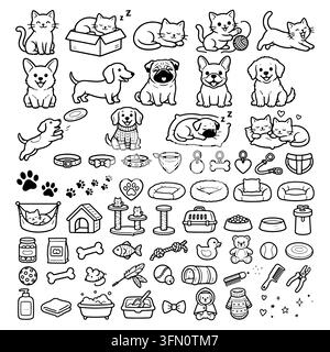 Handgezeichnete Haustier-Skizzen, Schwarz-Weiß-Cartoon-Katzen, Hunde und Haustierpflege-Illustrationen Stock Vektor