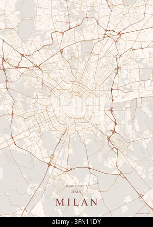 Straßenkartenplakat von Mailand, Italien, mit einem detaillierten Straßennetz, radialen Ringstraßen und Stadtraster in einem warmen neutralen Beige- und Roségold-Design. Stock Vektor