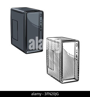 Handgezeichnete perspektivische Vektorillustration von Desktop-Computer-Gehäusen in einem detaillierten Linienkunststil. Ideal für Tech-Hardware-Anleitungen, PC-Bui Stock Vektor